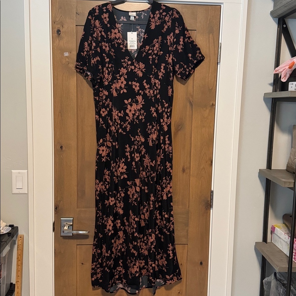 NWT A New Day Maxi Dress Womens XL Floral Black/Brown puff sleeve Mermaid Deep V